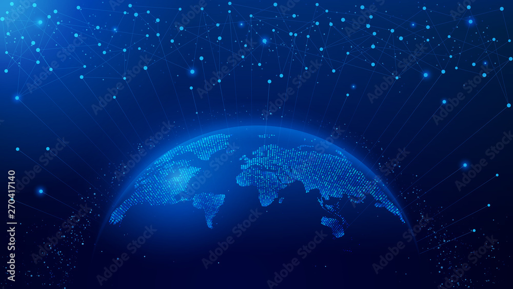 Obraz Mapa planety. Mapa świata. Globalna sieć społecznościowa. Przyszłość. Wektor. Niebieskie tło futurystyczny z planety Ziemia. Internet i technologia. Pływające splot niebieski tło geometryczne.