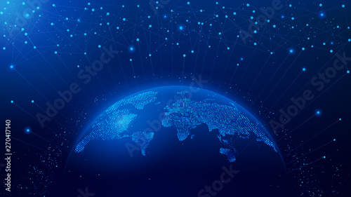 Map of the planet. World map. Global social network. Future. Vector. Blue futuristic background with planet Earth. Internet and technology. Floating blue plexus geometric background.