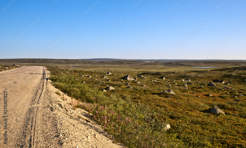 The dirt road in the tundra in northern Russia