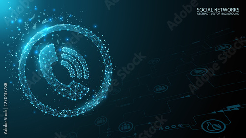 Global social network. Internet chat icon. Future. Vector. Blue polygonal futuristic background. Internet and technology. Modern science. Abstract image of dots and lines.