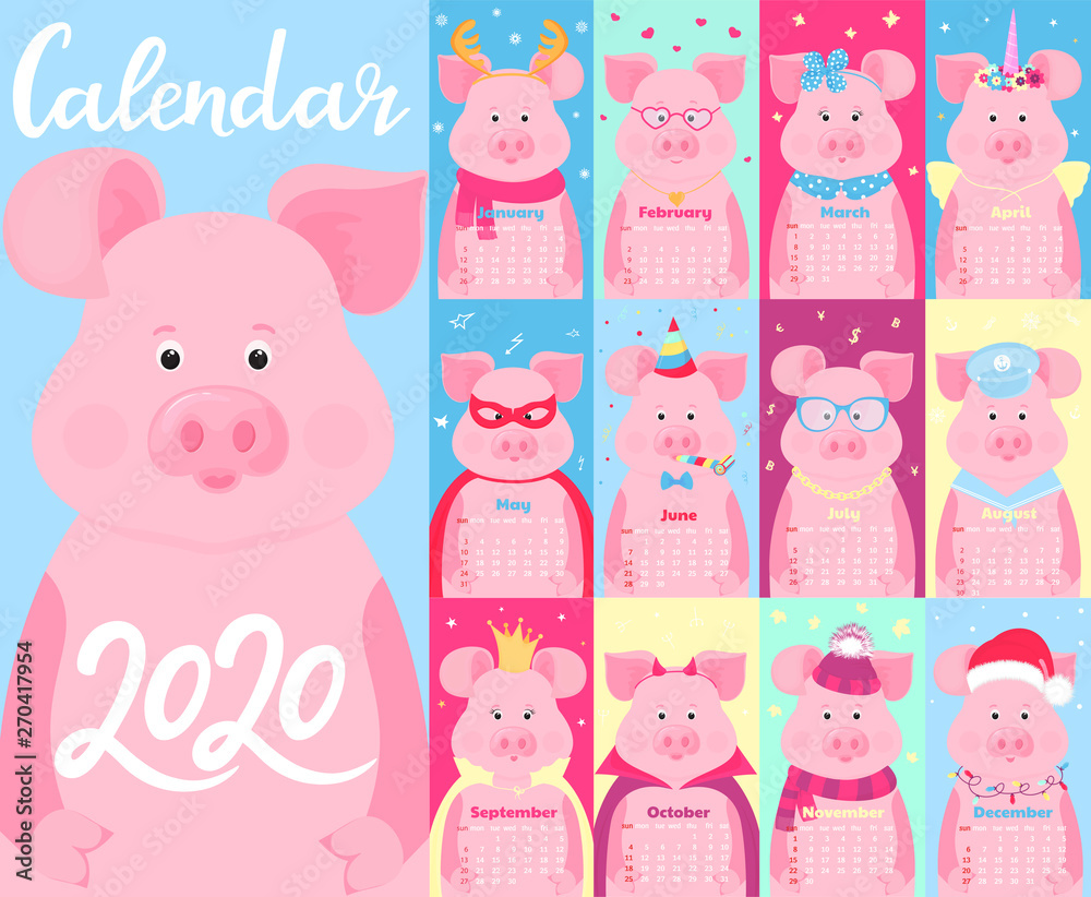 Calendar for 2020. Week start on Sunday. Funny pigs in different costumes Calendar for 2020. Week start on Sunday. Funny pigs in different costumes