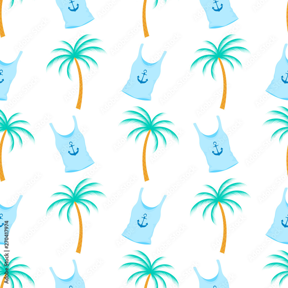Naklejka premium Palm tree tropical and female t-shirt with anchor. Summer seamless pattern. Used for design surfaces, fabrics, textiles, packaging paper, wallpaper