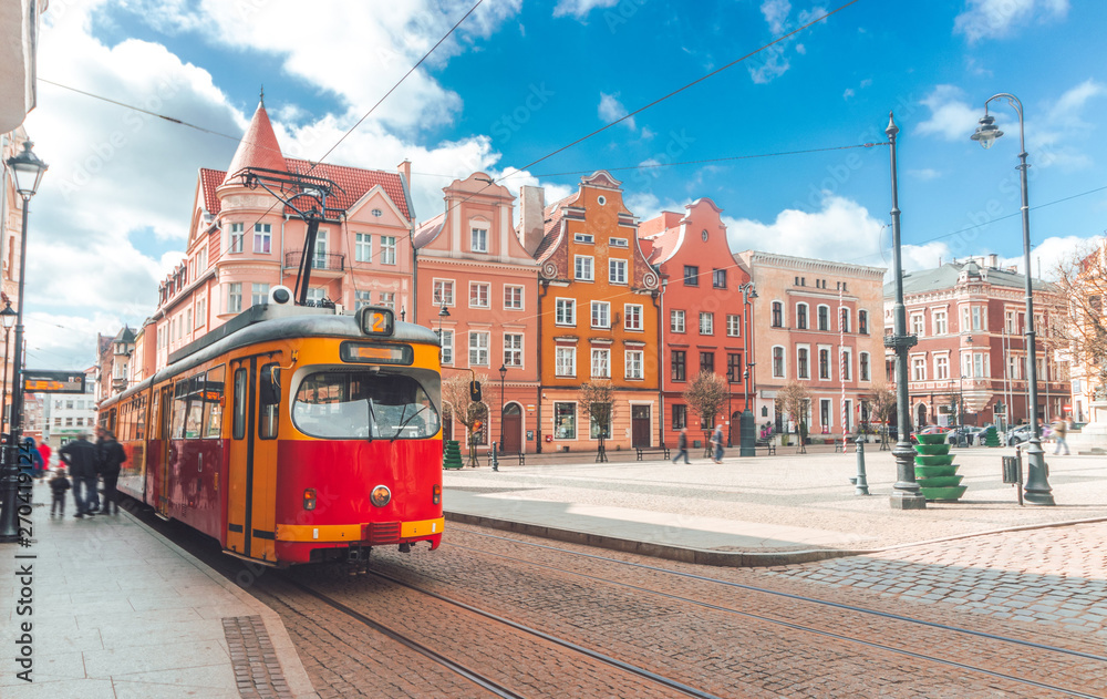 Grudziadz, Poland. Tram at the stop near the Old town.