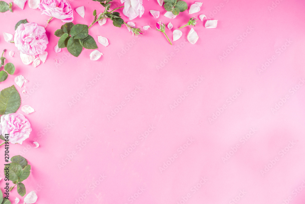 Pink pattern background with roses, above layout copy space