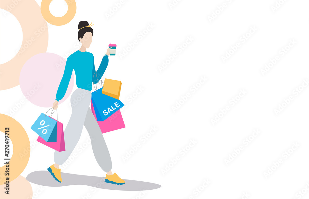 Woman with shopping bags. Fashion shopper girl silhouette in bright clothes. Woman with shopping bags and with cup of coffee walking. Woman with shopping bags. Fashion shopper girl silhouette in bright clothes. Woman with shopping bags and with cup of coffee walking.