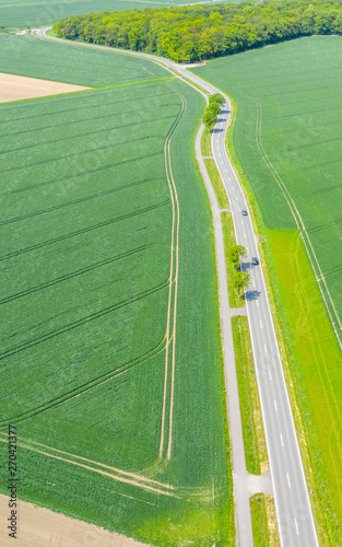 Aerial photograph with the drone camera of a small asphalted country road leading through fields and meadows, drone shot © Frank