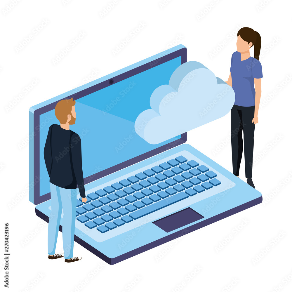 young couple with laptop and cloud computing young couple with laptop and cloud computing