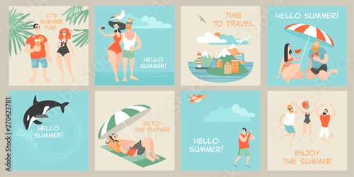 Set of vector cards with  illustrations of cute cartoon characters enjoying summer