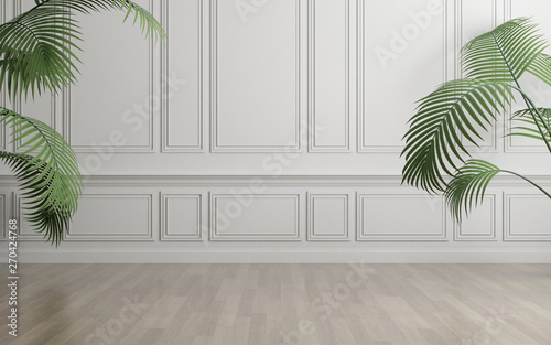 View of white empty room and wood laminate floor,frame with green plant ,Classic interior design. 3D rendering