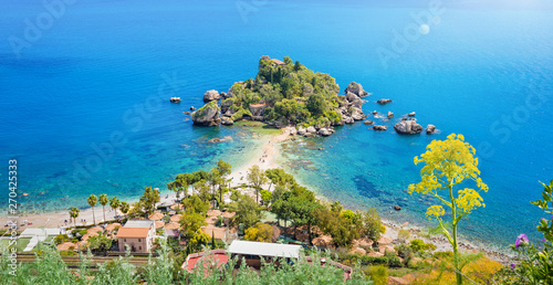 Aerial panoramic image of Isola Bella small island near Taormina, Sicily, Italy