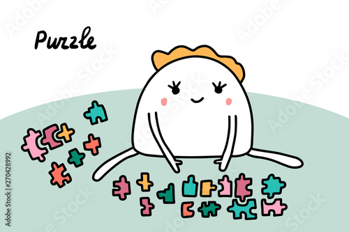 Puzzle hand drawn vector illustration with cartoon men gathering pieces on the floor