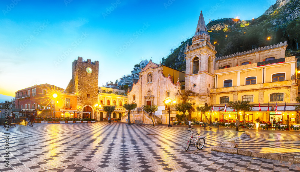 Belvedere of Taormina and San Giuseppe church on the square Piazza IX Aprile in Taormina