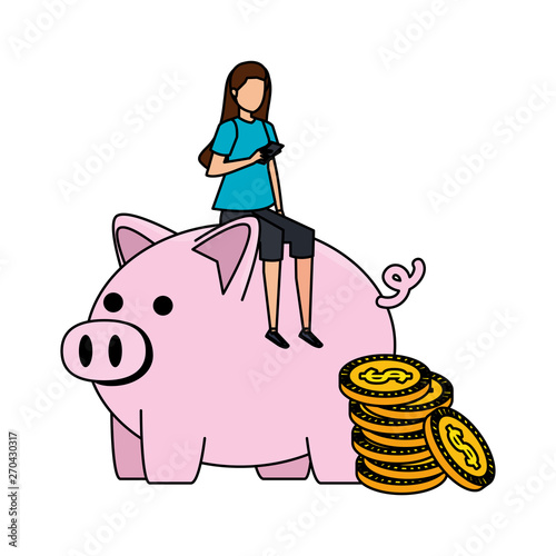 young woman seated in piggy savings with coins money