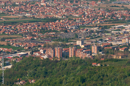 Panorama of Loznica seen from the mountain Gucevo. City of Loznica in west Serbia aerial view.