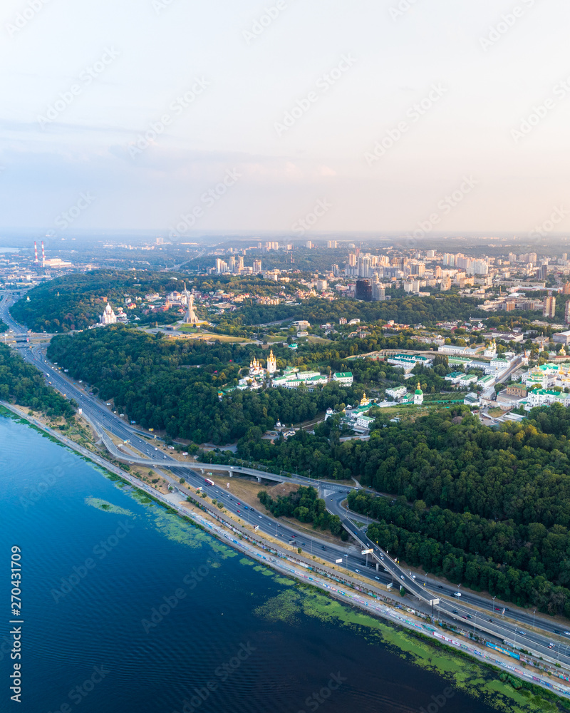 Panoramic aerial view of the right bank of Kiev from the side of the Dnieper.
