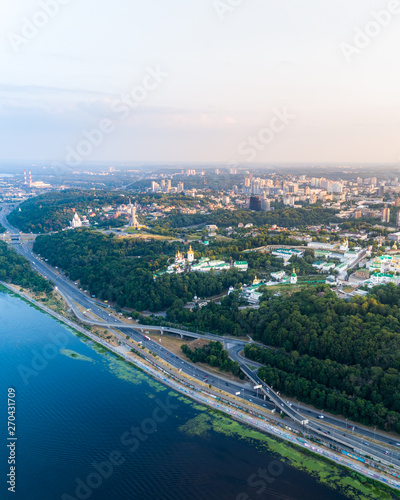 Panoramic aerial view of the right bank of Kiev from the side of the Dnieper.