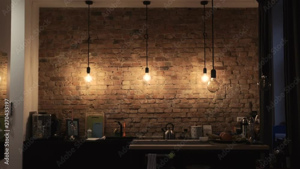 brick wall in the kitchen and retro loft style 