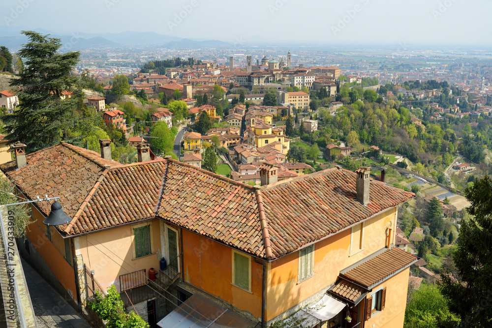 Beautiful view of Citta Alta (Upper town) in Bergamo city, Lombardy, Italy.