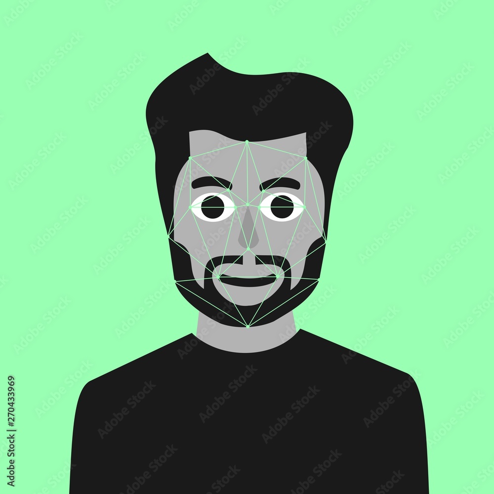 Facial recognition modern technology is using biometric indetifier to identify and verificate identity of person and man. Vector illustration. Facial recognition modern technology is using biometric indetifier to identify and verificate identity of person and man. Vector illustration.