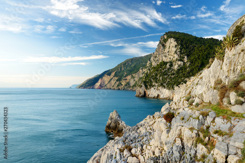 Beautiful view of picturesque jagged coastline in Porto Venere village, Liguria, Italy