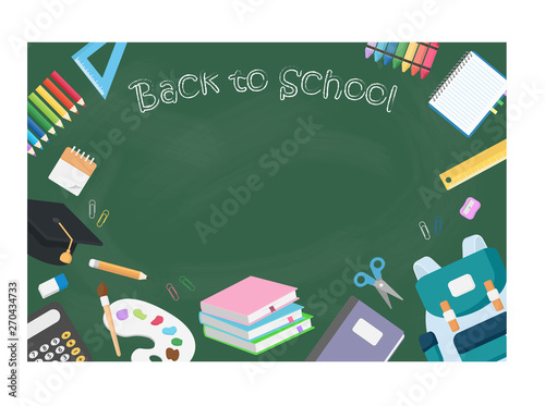 Set of back to school objects on chalkboard which include of book, note book, pencil crayon ,bag ,calculator, scissor and ruler. Vector illustration concept for new semester students.