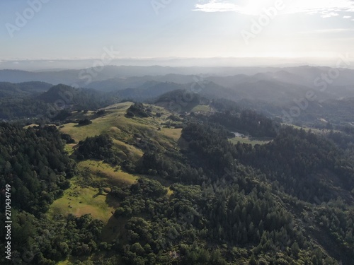 Aerial view of the verdant hills with trees in Napa Valley during summer season. Napa County, in California’s Wine Country, Part of the North Bay region of the San Francisco Bay Area. Vineyard area. © Unwind