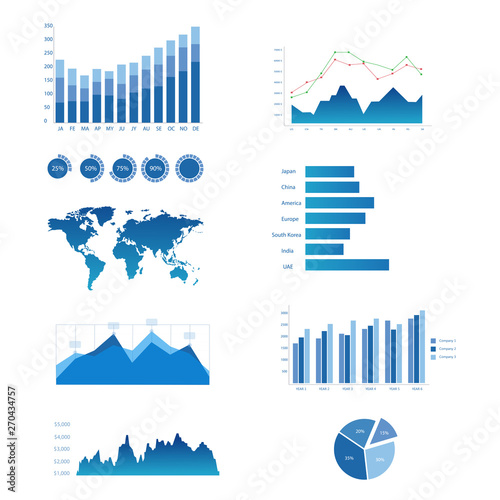 Set of blue graph and  diagram chart for mock up business and financial graphic elements. Vector illustration.