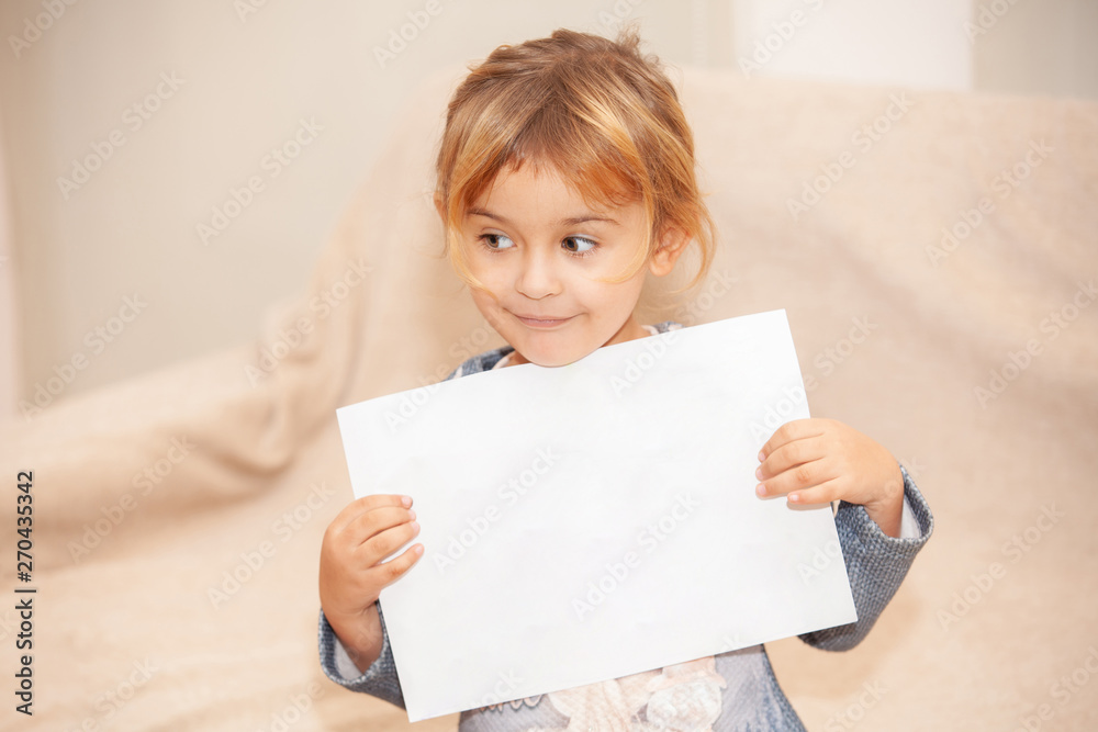 happy girl with white sheet in hands - obrazy, fototapety, plakaty 