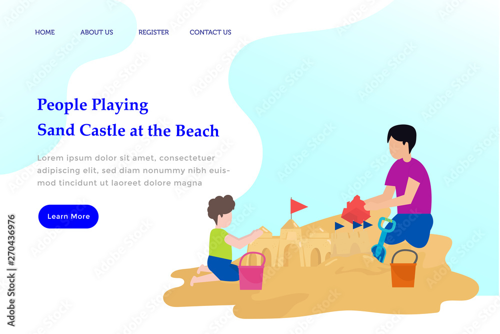 Landing page family playing sand castle at the beach
