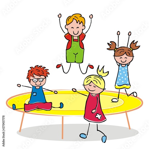 Children on a trampoline, vector icon. Group of boys and girs jumping on the trampoline. Hand draw vector illustration. Cute sports little kids.