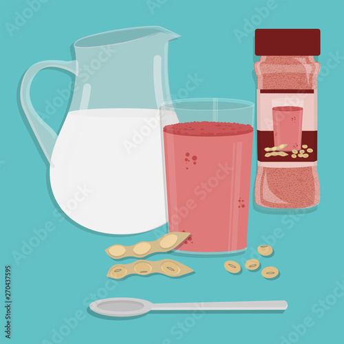 Jug of milk, cup of strawberry milk and strawberry powder packing. Soy bean in front of cup. Spoon in front of the cup. Blue backgroung.
