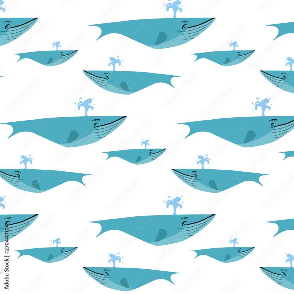 The majestic blue whale, spraying water. Cartoon vector style.