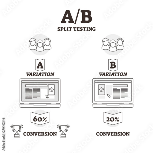 AB split testing vector illustration. BW outlined experiment variants graph