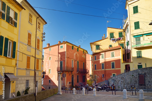 Colorful houses of Lerici town, located in the province of La Spezia in Liguria, part of the Italian Riviera © MNStudio