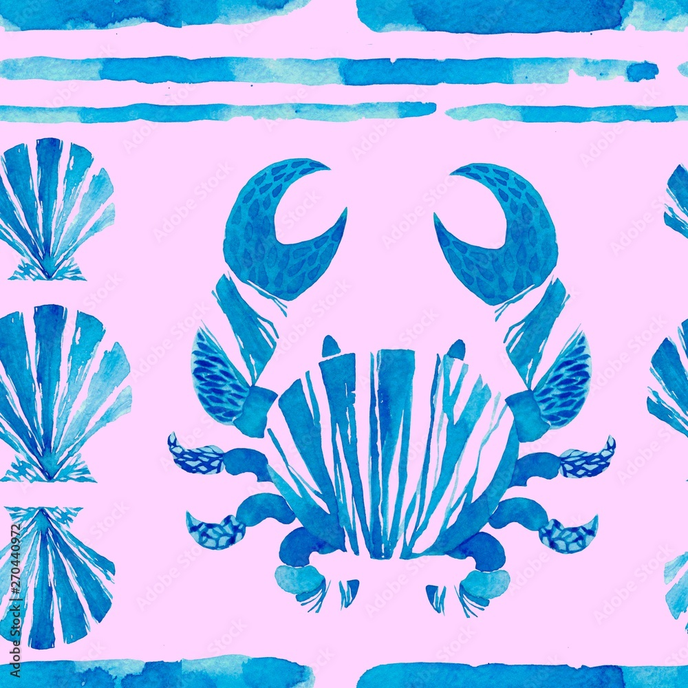 Obraz premium Watercolor seamless pattern with blue sea shell and crab. Seafood watercolor background. Sea shell illustration