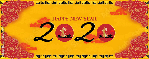 Happy Chinese new year 2020 with Golden Rat Zodiac Paper cut, red flower blooming and Chinese pattern border line with red background, Chinese new year greetings card, invitation and banner