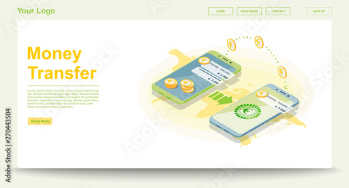 Global money transfer web page vector template with isometric il