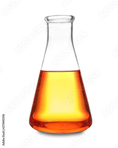 Laboratory glassware with color sample on white background. Solution chemistry