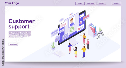Customer support center webpage vector template with isometric illustration