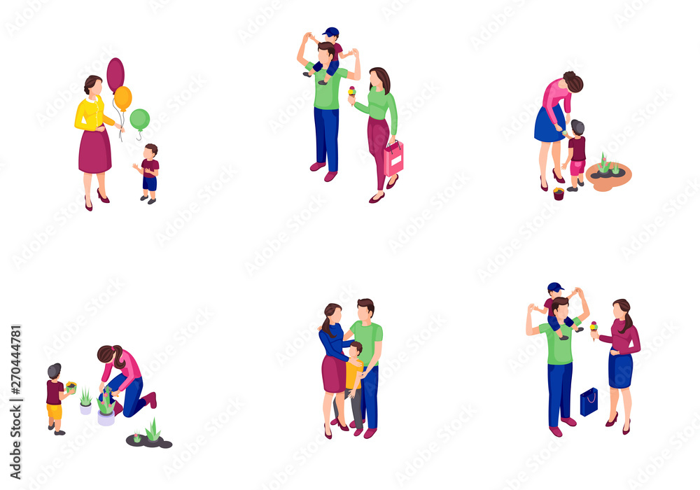 Family time isometric color vector illustrations set