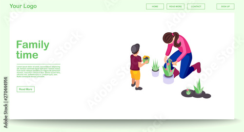 Family time web page vector template with isometric illustration