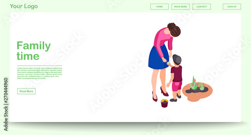 Family time web page vector template with isometric illustration