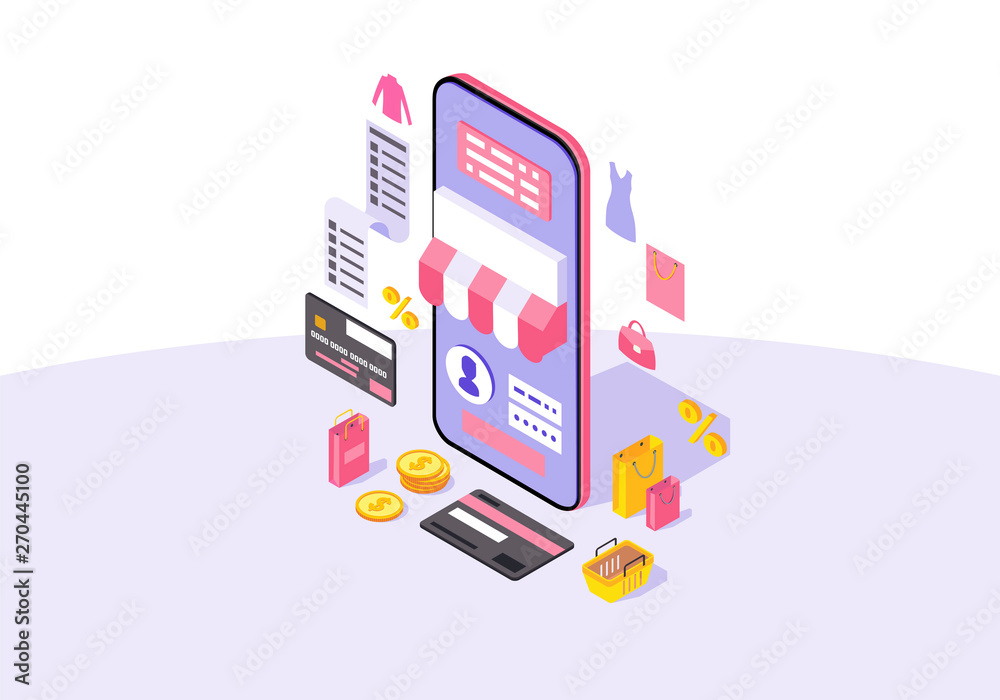 Online mobile shopping app isometric color vector illustration