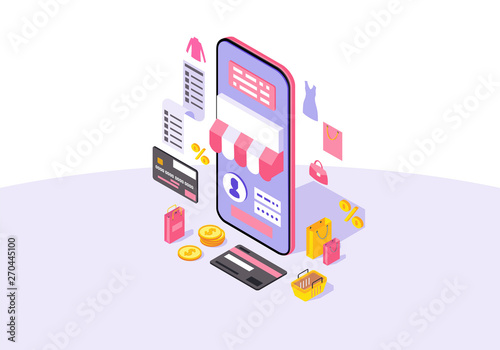 Online mobile shopping app isometric color vector illustration