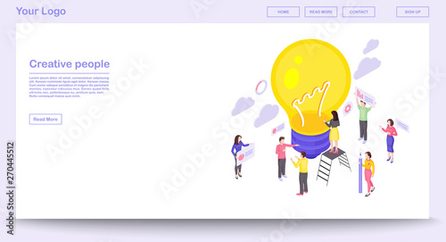 Teamwork webpage vector template with isometric illustration