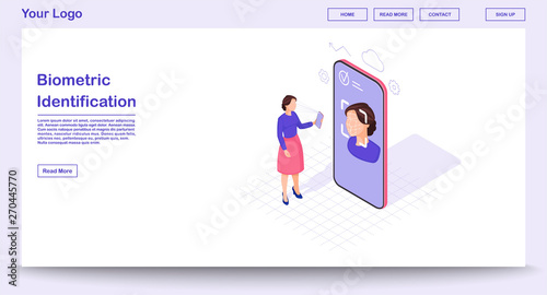 Biometric identification webpage vector template with isometric illustration