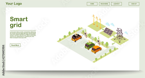 Electric vehicle charge station webpage vector template with isometric illustration