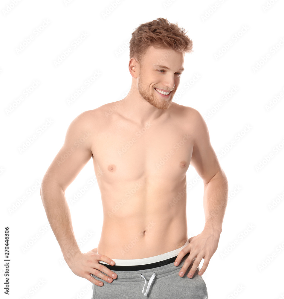 Portrait of young man with slim body on white background Portrait of young man with slim body on white background