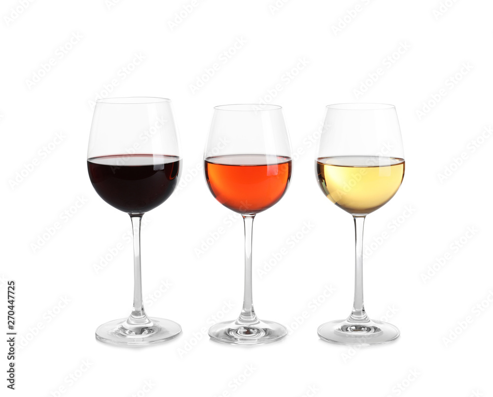 Glasses of different wine on white background Glasses of different wine on white background
