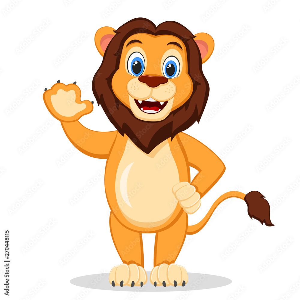 Fototapeta premium Lion stands on its hind legs, smiling and waving on a white background. Character